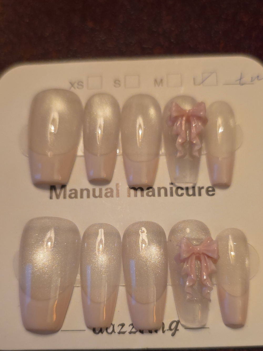 Pearlescent Pink Bow Press-On Nail Set | Size Large